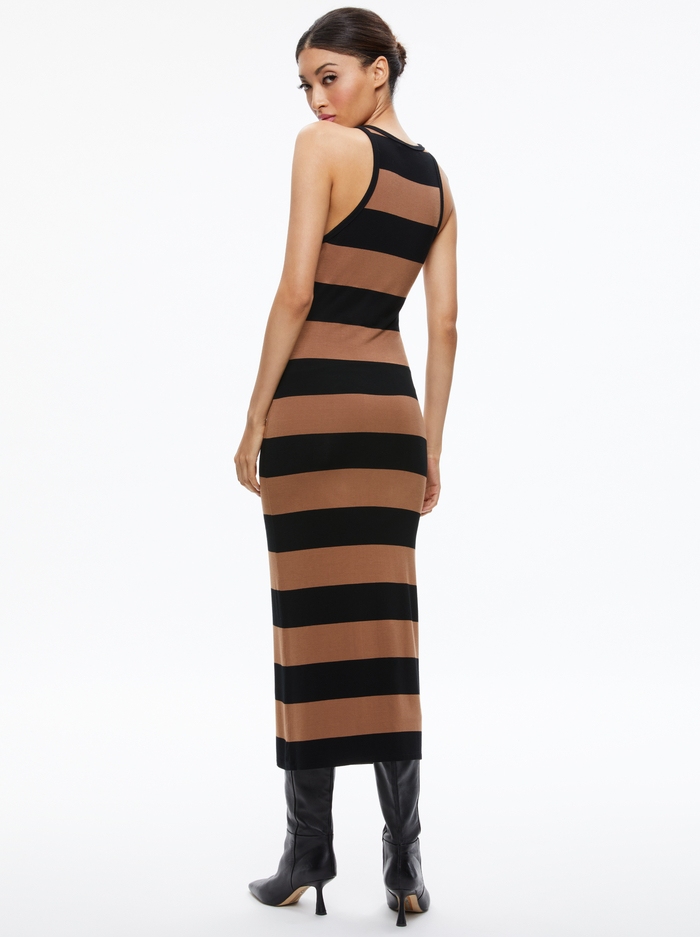 PANIA RACERBACK SIDE SLIT MAXI DRESS - CAMEL/BLACK STRIPE image 1 - Alice And Olivia
