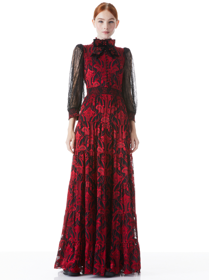 COLETTA EMBROIDERED BOW FRONT BUTTON MAXI DRESS - NEW DIMENSION BLACK - Alice And Olivia
