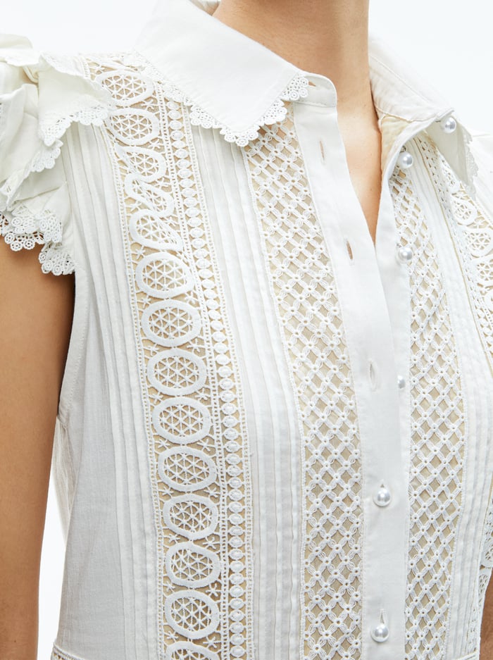 MEEKO EMBROIDERED RUFFLED SLEEVE SHIRT DRESS - OFF WHITE image 1 - Alice And Olivia