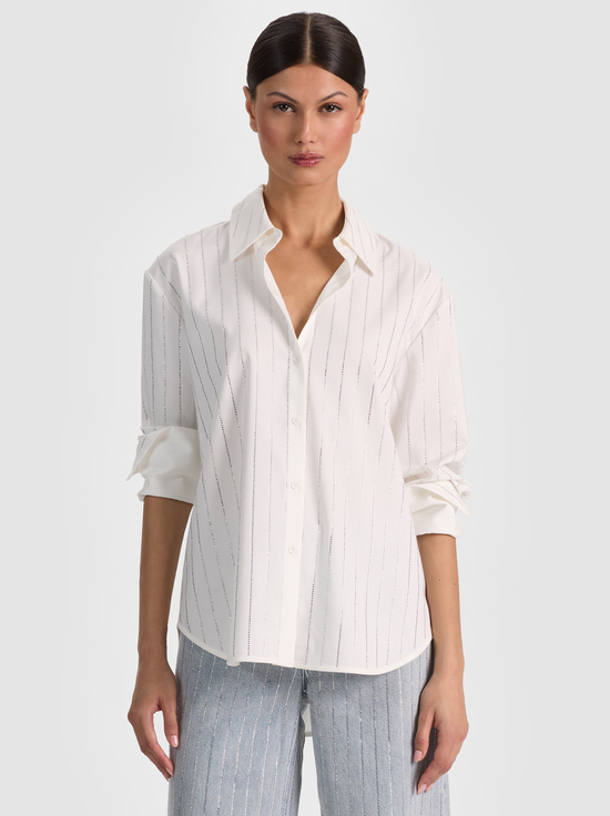 OFF WHITE/CLEAR CRYSTAL PINSTR-FINELY EMBELLISHED OVERSIZED BUTTON DOWN