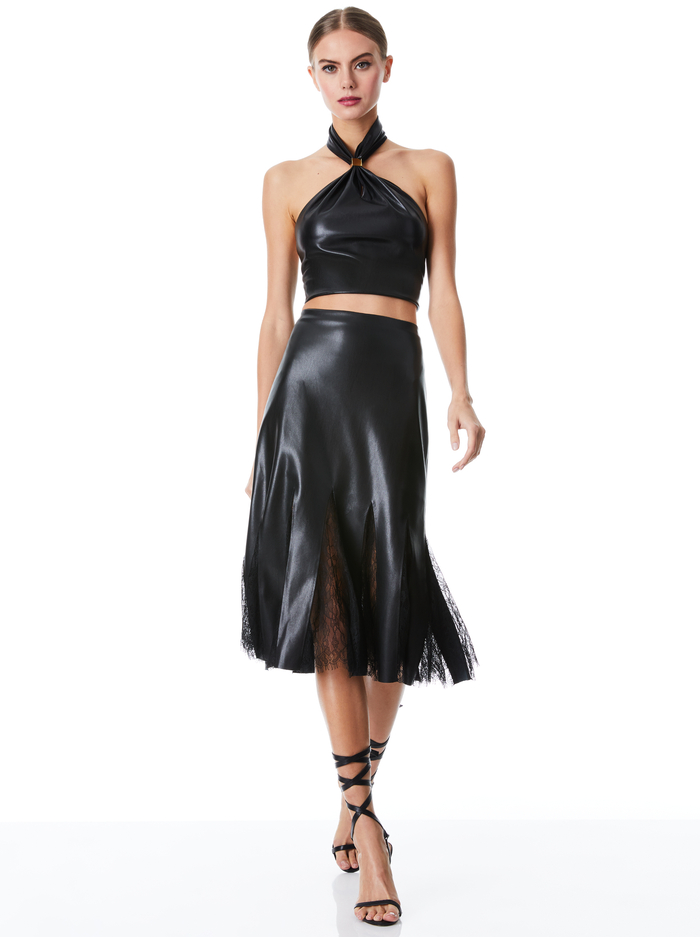 JACQUELINE VEGAN LEATHER MIDI GODET SKIRT - BLACK image 4 - ALICE + OLIVIA