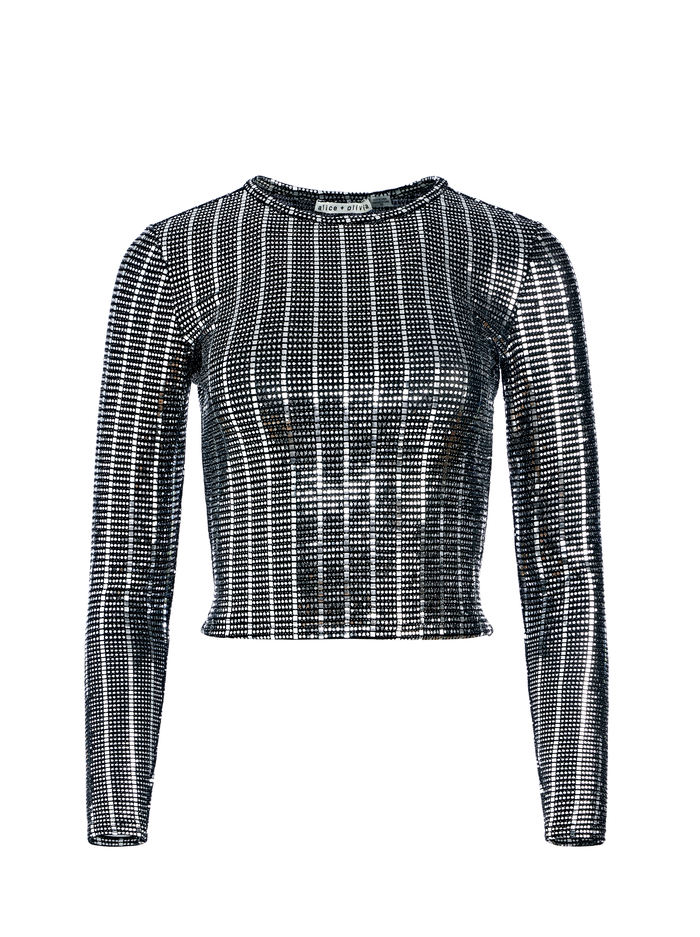 DELAINA EMBELLISHED LONG SLEEVE CREW NECK TOP - SILVER/BLACK image 5 - Alice And Olivia