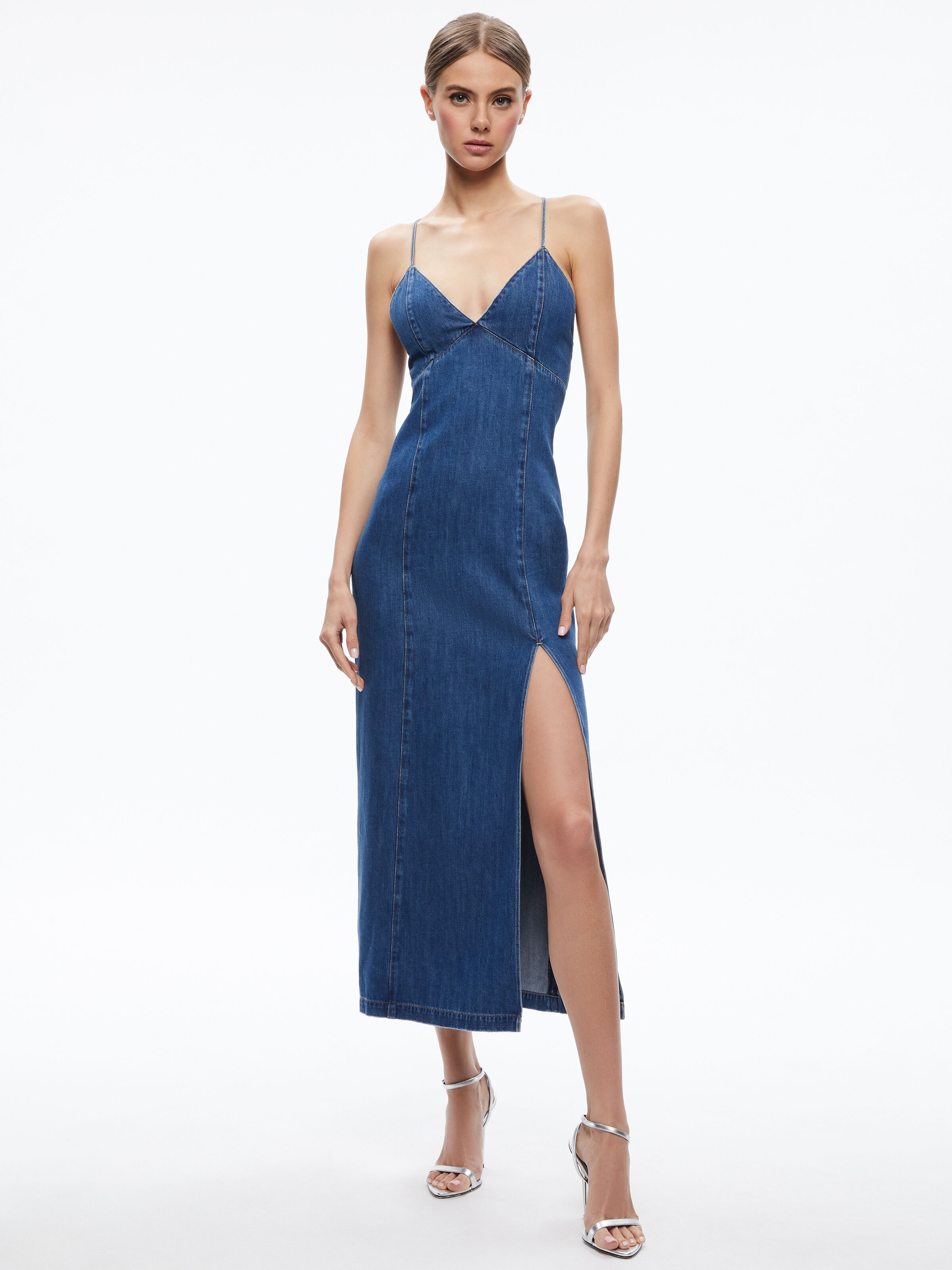 Julietta Denim Slip Dress With Slit In Avery Blue Alice And Olivia