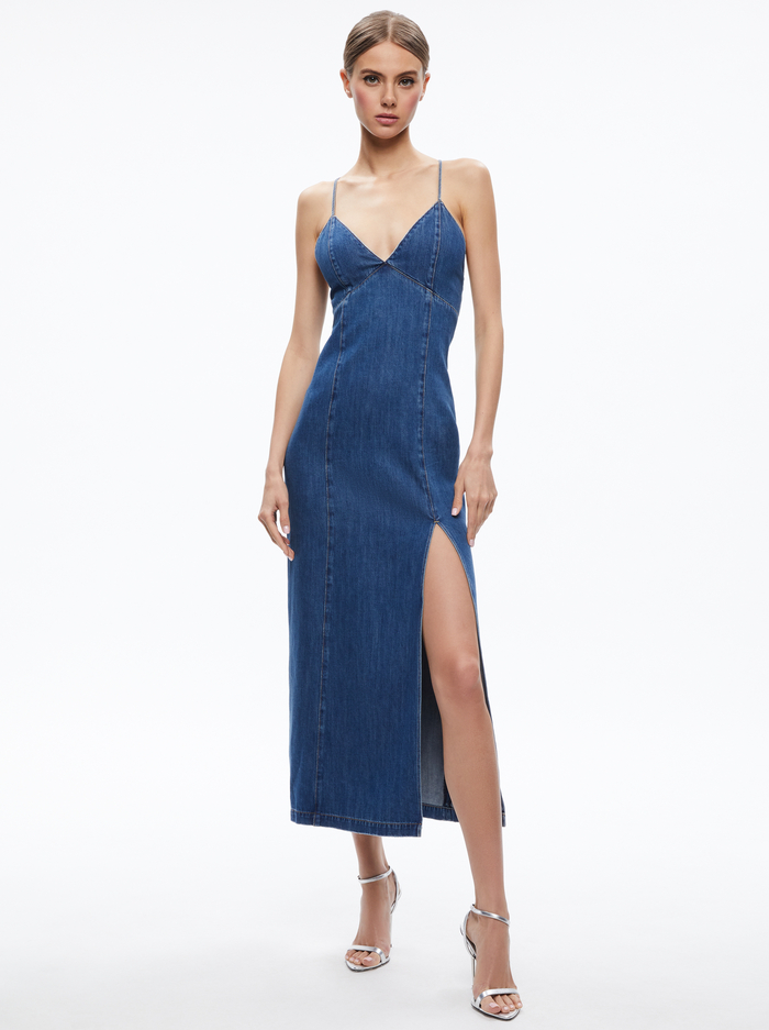 JULIETTA DENIM SLIP DRESS WITH SLIT - AVERY BLUE - Alice And Olivia