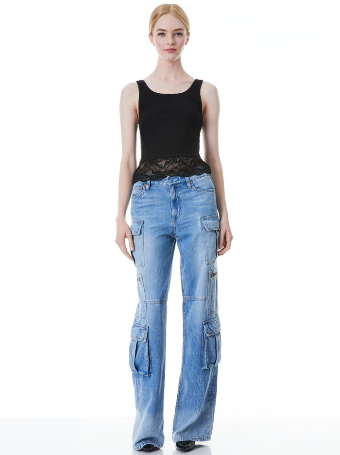 JEMI RIBBED LACE TANK - BLACK/BLACK image 2 - Alice And Olivia