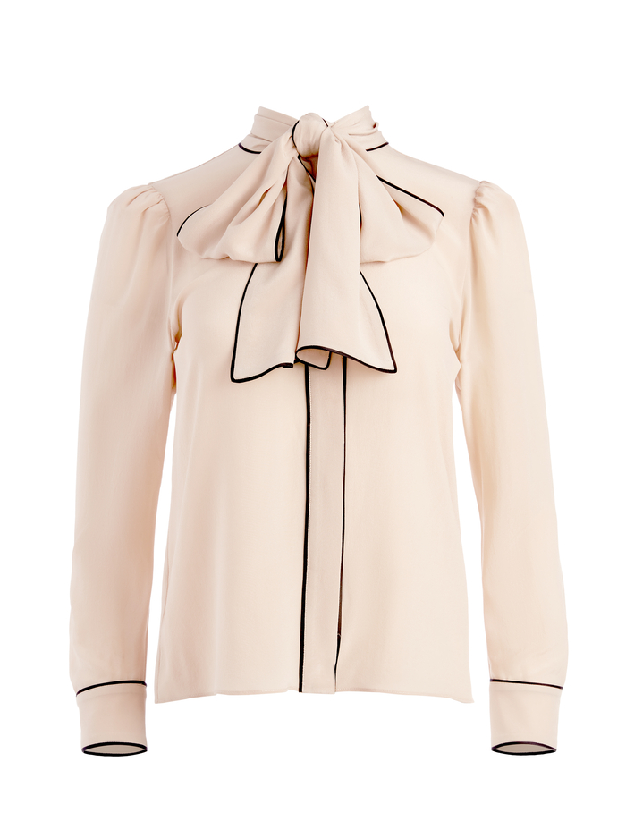 Jeannie Bow Collar Button Down In Almond/black | Alice And Olivia