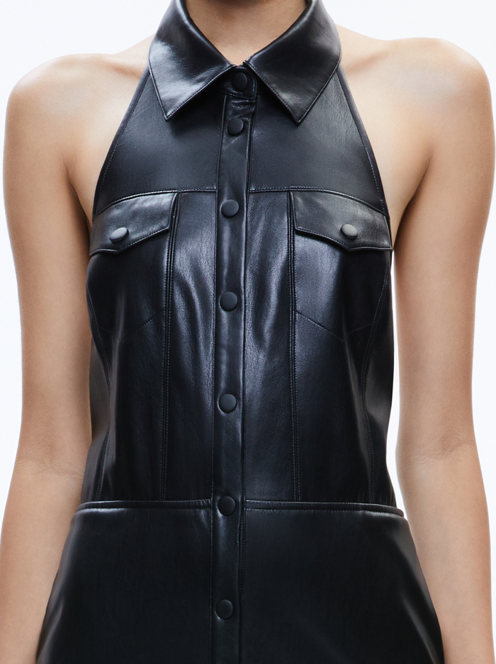 MIRANDA VEGAN HALTER NECK TIERED MIDI DRESS - BLACK image 1 - Alice And Olivia