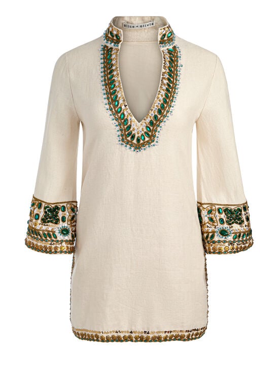 OFF WHITE MULTI-ELEONORA EMBELLISHED TUNIC DRESS