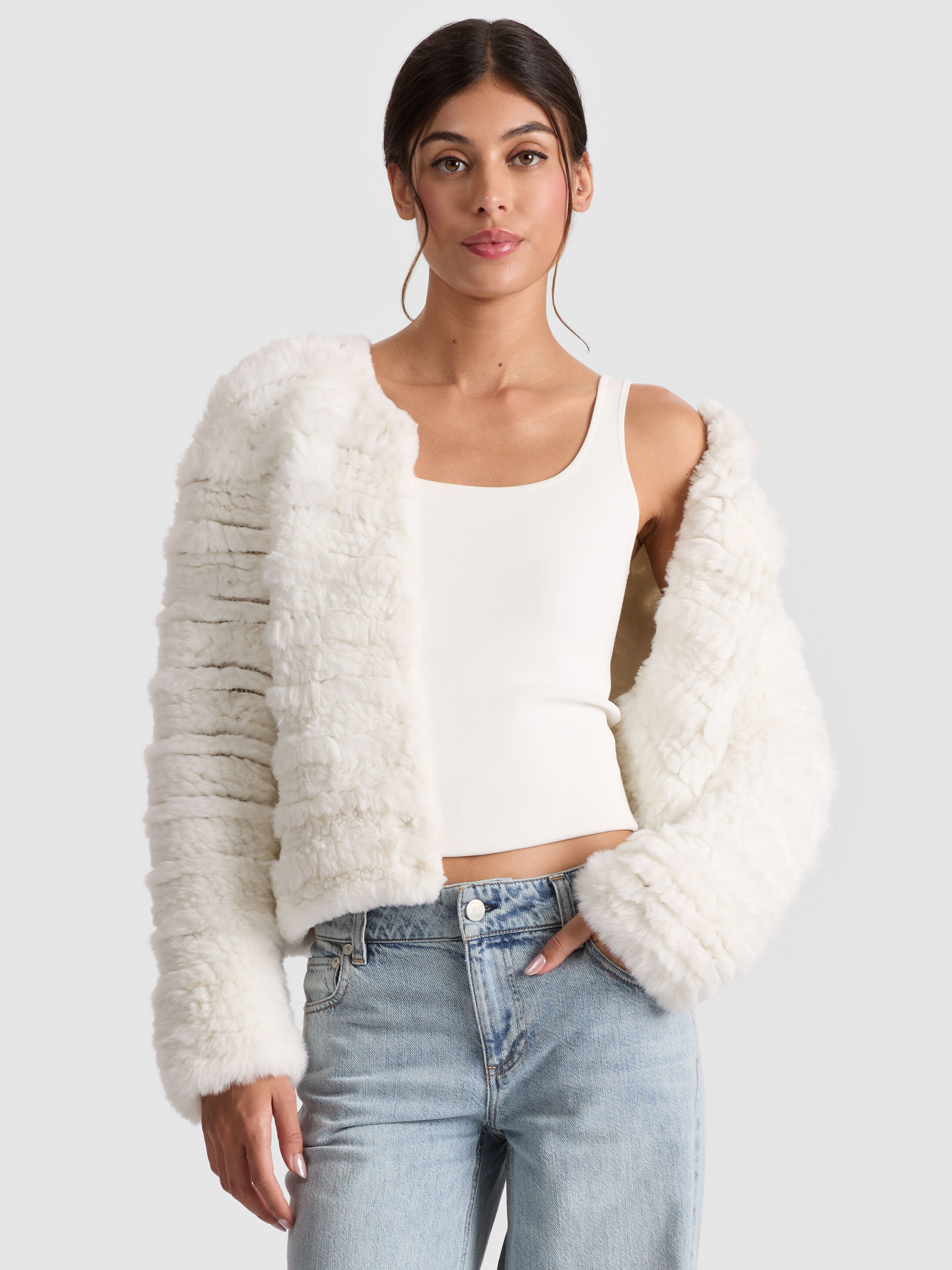 FAWN FAUX FUR JACKET in ECRU | ALICE + OLIVIA