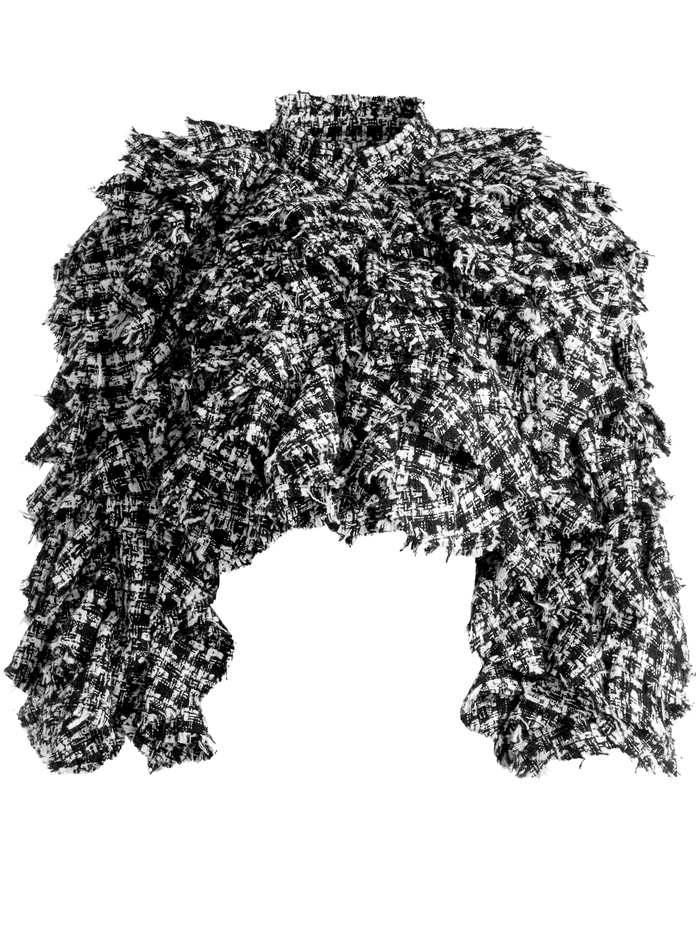 BRITTON RUFFLED CROPPED 3/4 SLEEVE JACKET - BLACK/OFF WHITE image 5 - ALICE + OLIVIA