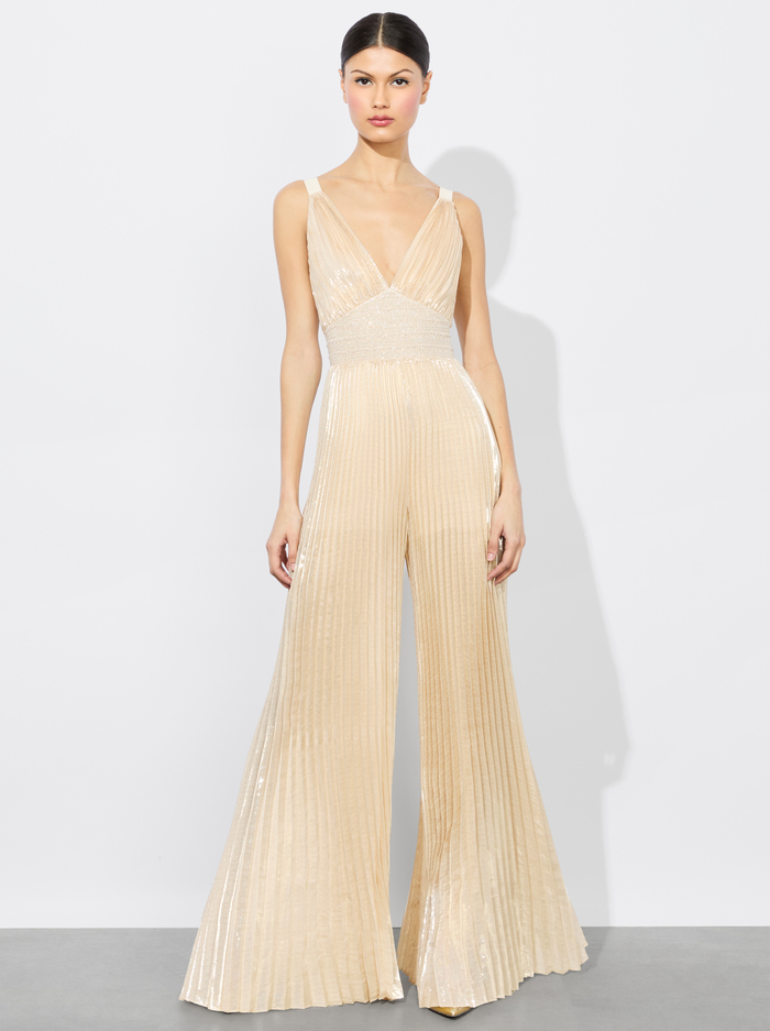 ROSALIE JUMPSUIT WITH CAPE - CHAMPAGNE/GOLD image 4 - Alice And Olivia