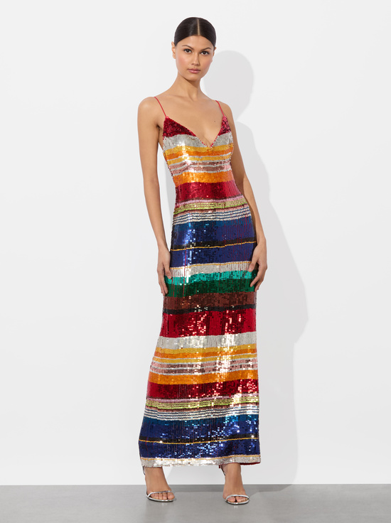 RAINBOW STRIPE-ARTEA EMBELLISHED MAXI DRESS