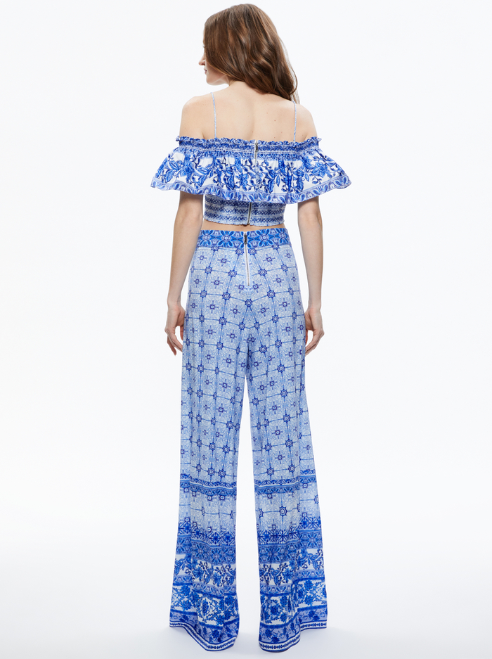 KIA SMOCKED COLD SHOULDER RUFFLE CROP TOP - GREEK TILE image 1 - Alice And Olivia