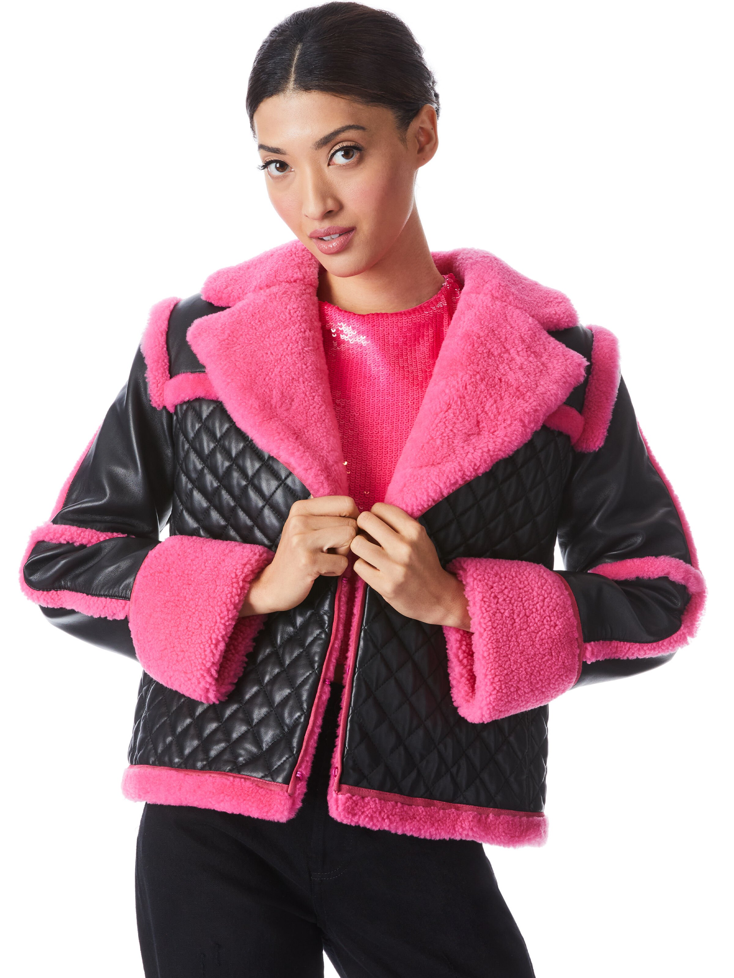 Luisana Combination Leather Shearling Coat In Black wild Pink Alice Olivia
