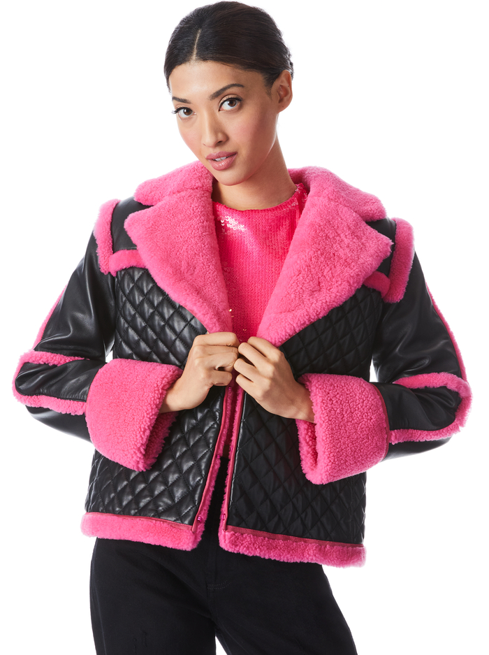 LUISANA COMBINATION LEATHER SHEARLING COAT - BLACK/WILD PINK - Alice And Olivia