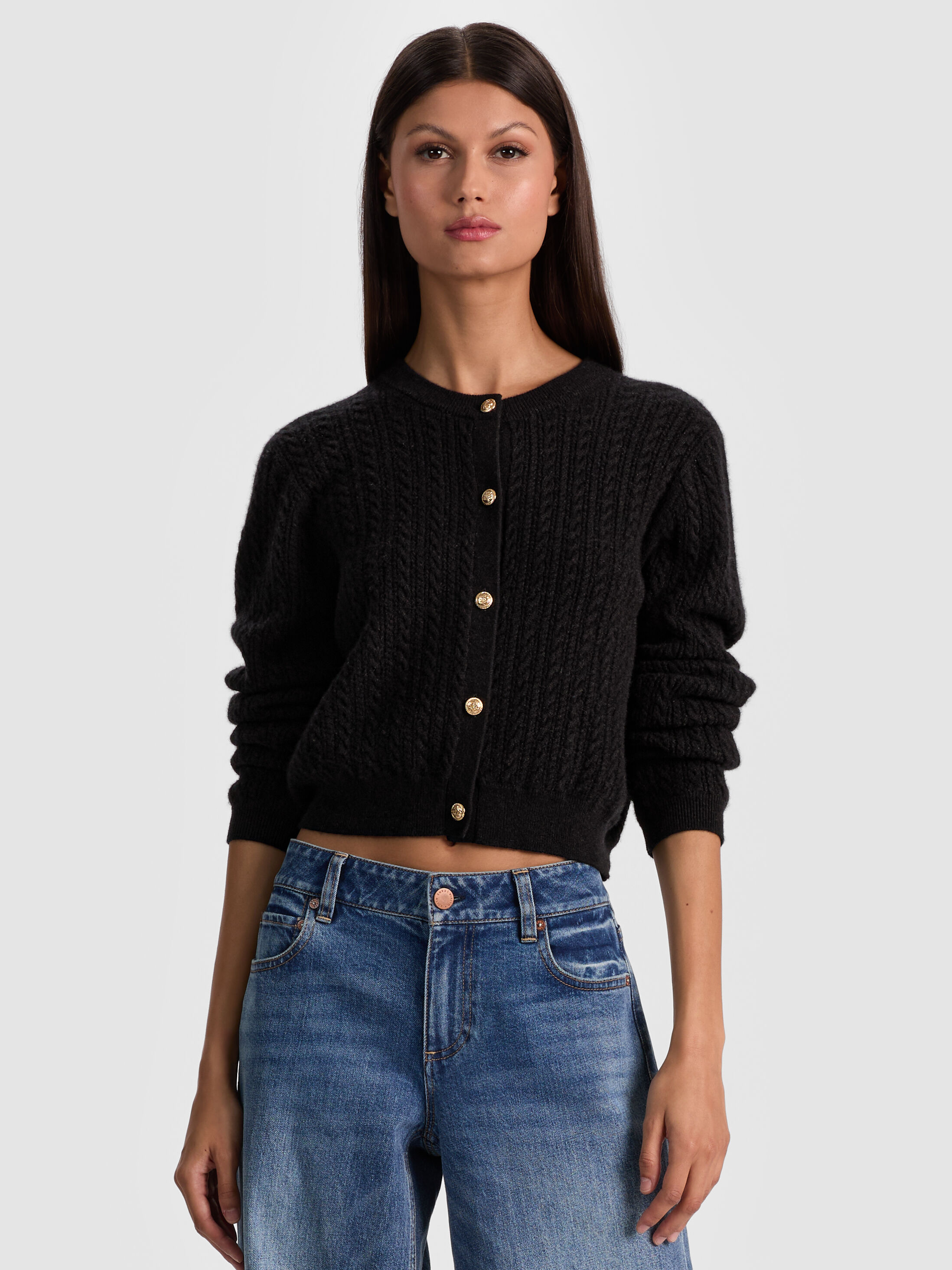 Dollie Cashmere Cableknit Cardigan In Black | Alice + Olivia