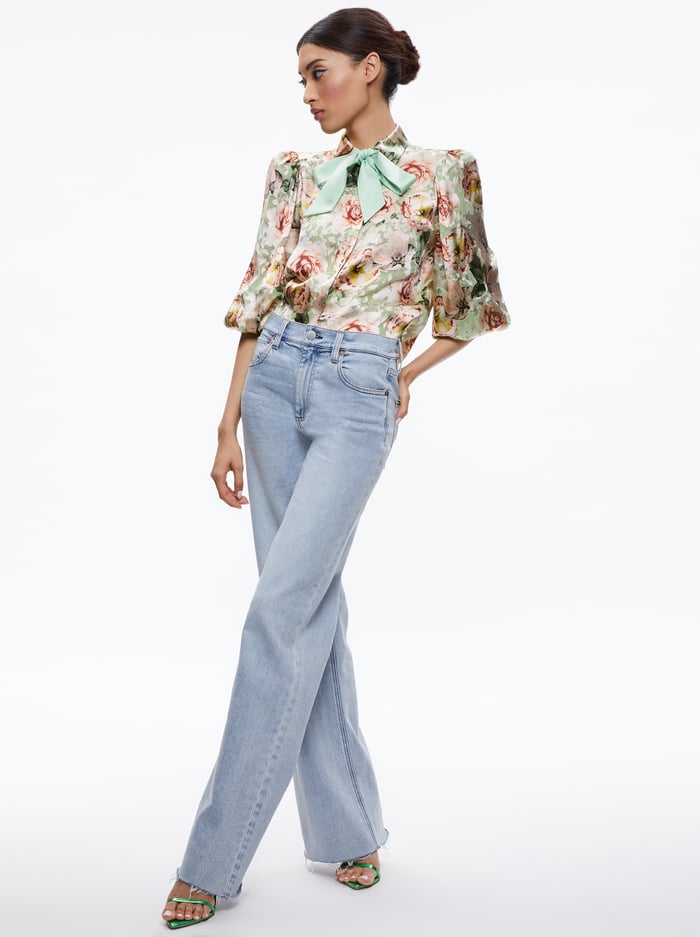 BRENTLEY TIE NECK BLOUSON SLEEVE BLOUSE - MORNINGSIDE FLORAL PISTACHIO image 4 - Alice And Olivia