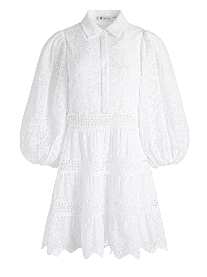 BLAKESLEY BLOUSON SLEEVE EYELET MINI DRESS - WHITE image 5 - ALICE + OLIVIA