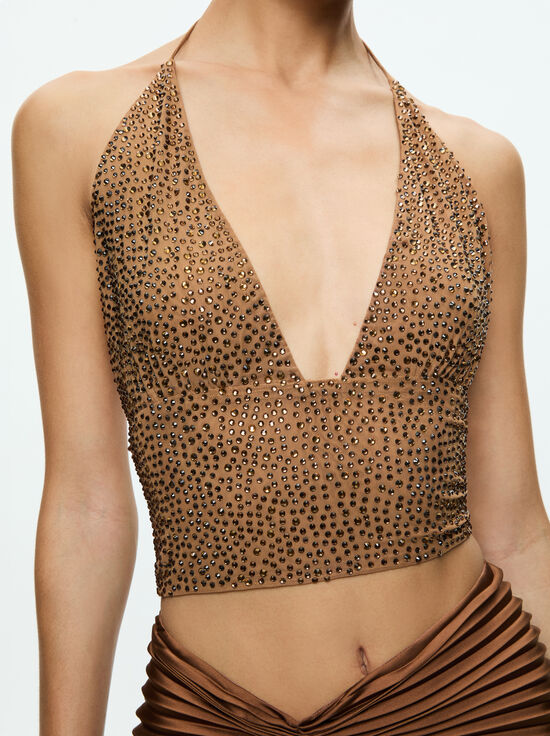 TAN/CRYSTAL-HANNAH EMBELLISHED TOP