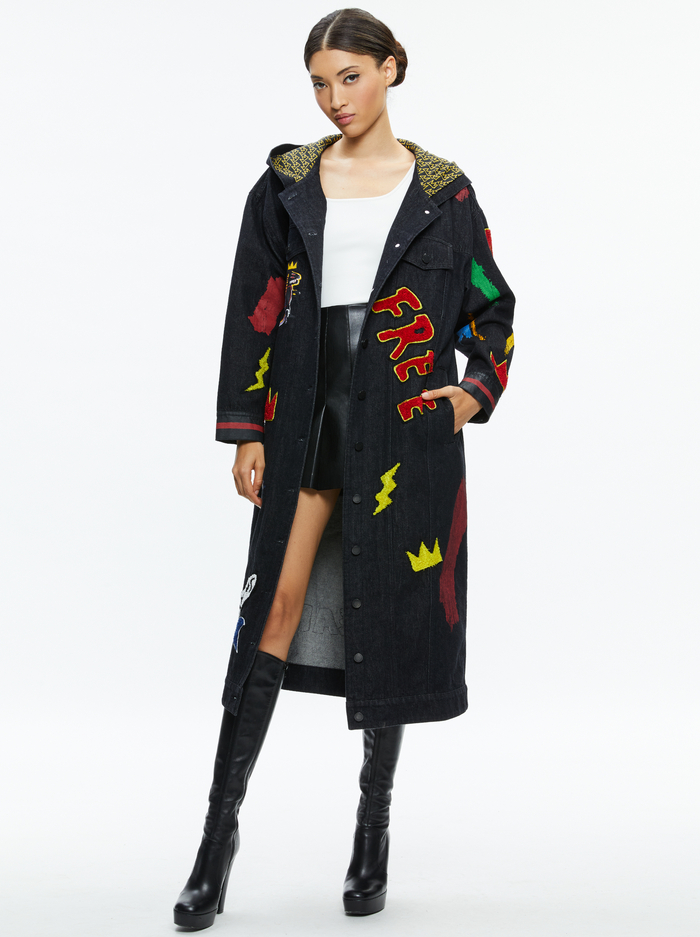A+O X BASQUIAT JEFF MAXI DENIM JACKET - MAYA CHARCOAL BLACK - Alice And Olivia