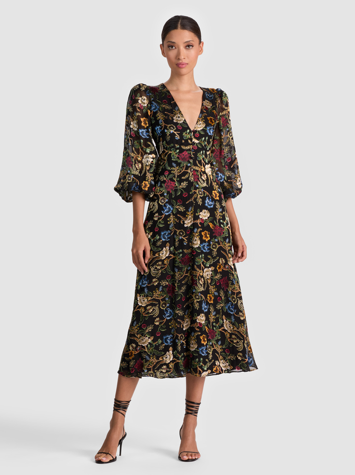 MONA MIDI DRESS - TAPESTRY TRAILS SM BLACK - Alice And Olivia