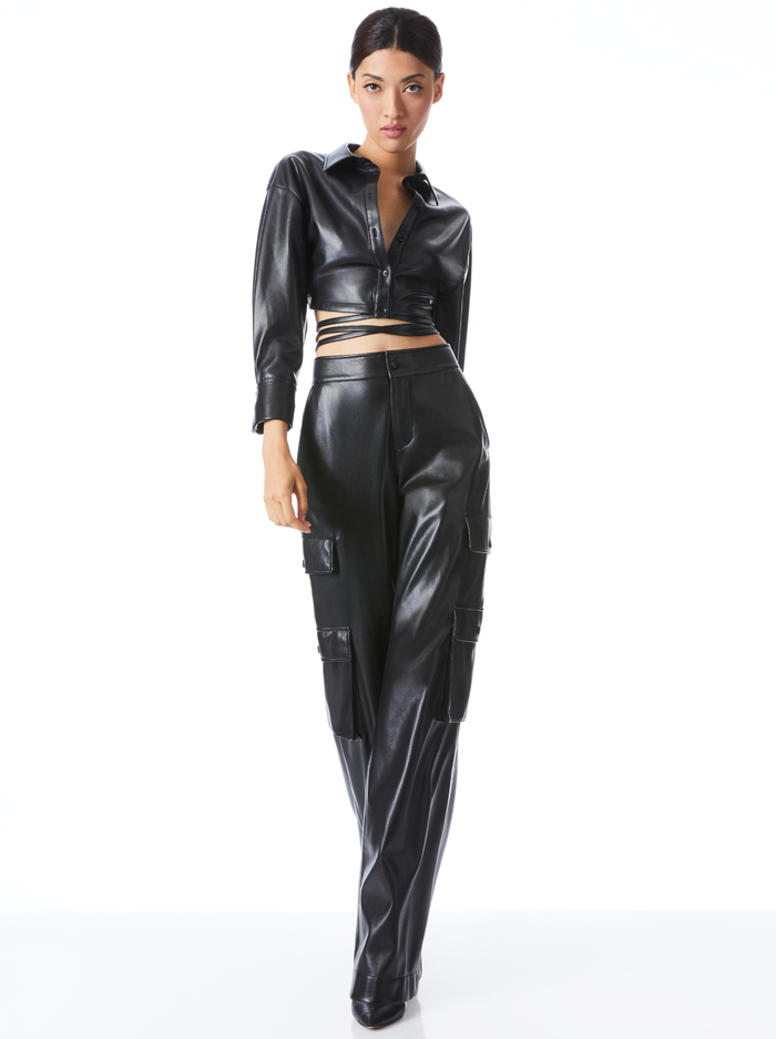 FLOSSIE VEGAN LEATHER CROPPED BUTTON DOWN - BLACK image 4 - Alice And Olivia