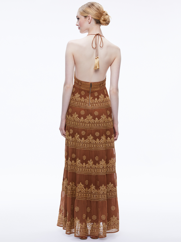 KAROLINA EMBROIDERED HALTER NECK MAXI DRESS - CAMEL/GOLD image 1 - Alice And Olivia