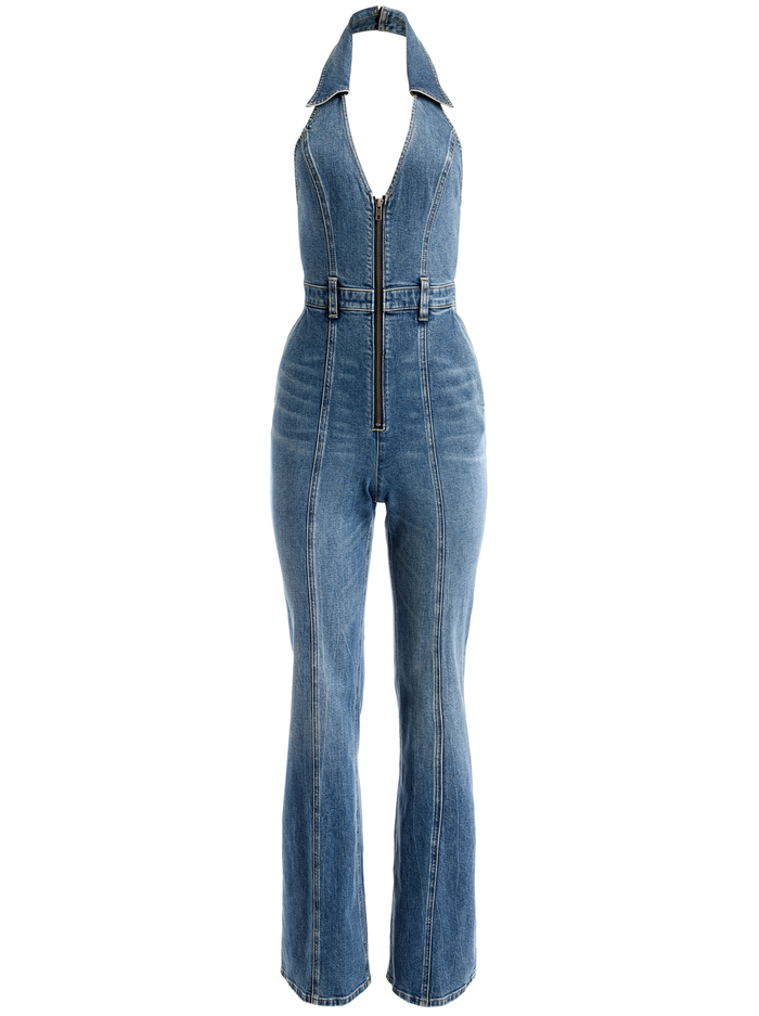 NOEMI HALTER NECK DENIM JUMPSUIT - TRUE BLUES DARK image 5 - Alice And Olivia