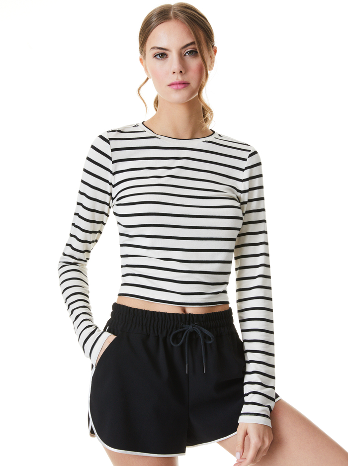 DELAINA STRIPED CREW NECK TOP - BLACK/OFF WHITE - Alice And Olivia