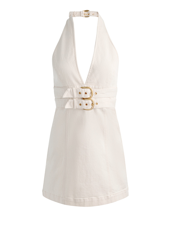 OFF WHITE-SOLANA BUCKLE DENIM HALTER MINI DRESS