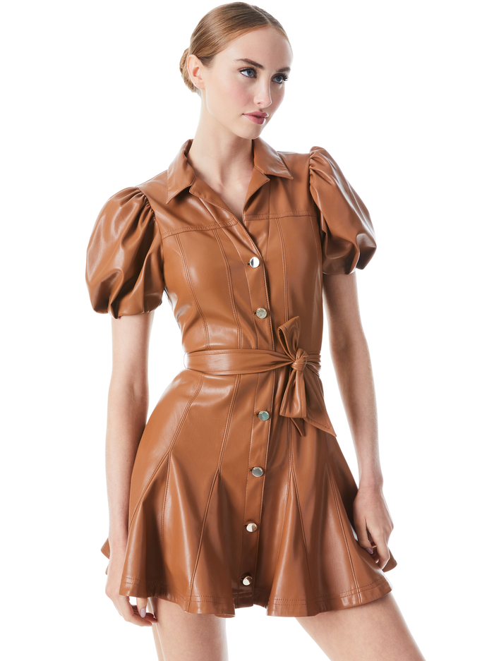 OFRA VEGAN LEATHER MINI DRESS WITH TIE BELT - CAMEL image 2 - Alice And Olivia