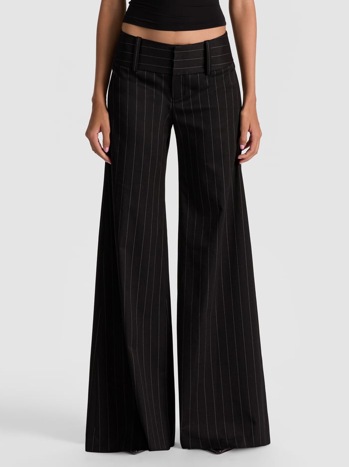 OLIVIA PINSTRIPED WIDE LEG PANT - BLACK/OFF WHITE - Alice And Olivia