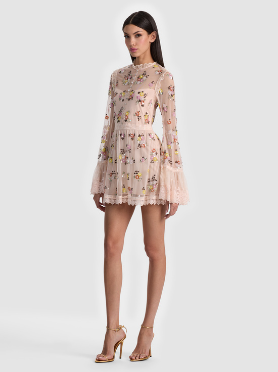 PALE PINK-ALLEGRA EMBELLISHED LACE MINI DRESS