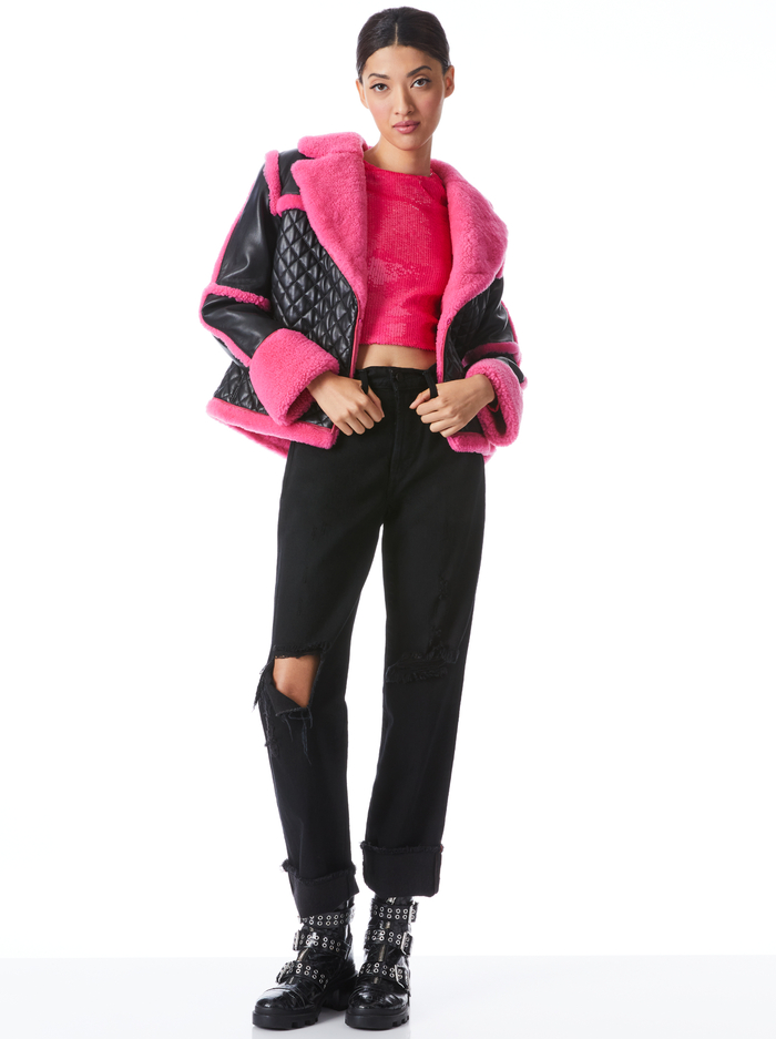 LUISANA COMBINATION LEATHER SHEARLING COAT - BLACK/WILD PINK image 2 - Alice And Olivia