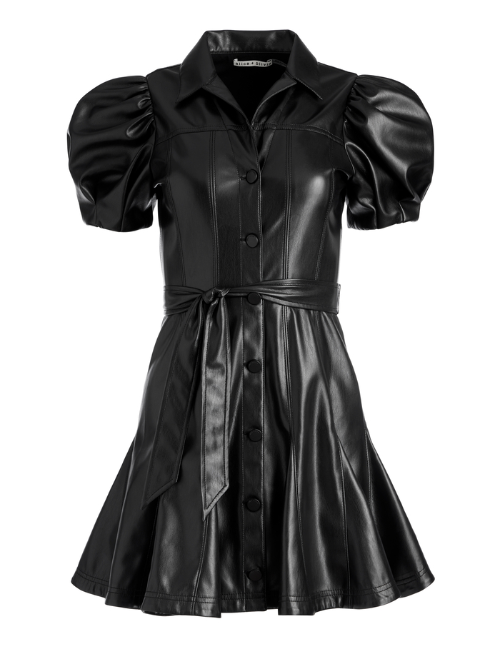 OFRA VEGAN LEATHER MINI DRESS WITH TIE BELT - BLACK image 5 - Alice And Olivia