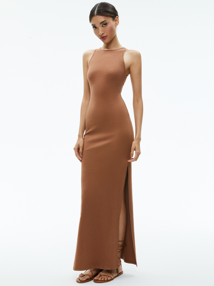 PANIA RACERBACK RIBBED SIDE SLIT MAXI DRESS - CAMEL image 3 - Alice And Olivia