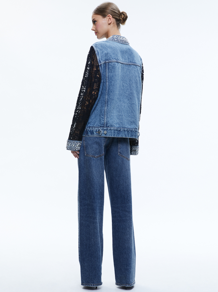 JEFF EMBELLISHED LACE SLEEVE DENIM JACKET - INDIGO NIGHTS image 1 - Alice And Olivia