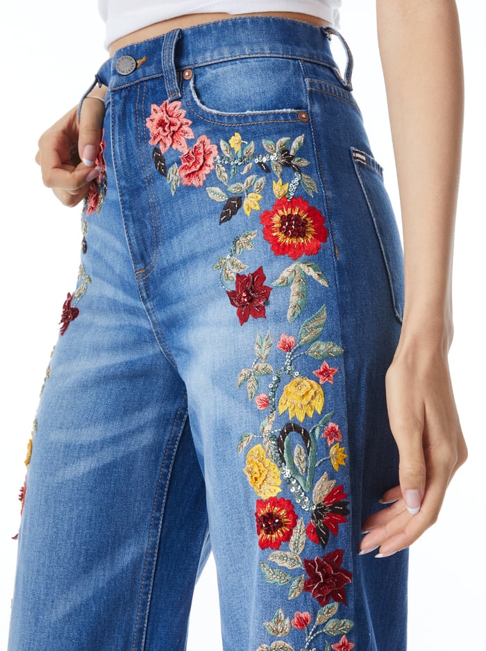 GORGEOUS EMBROIDERED WIDE LEG JEANS - PASADENA BLUE image 3 - Alice And Olivia