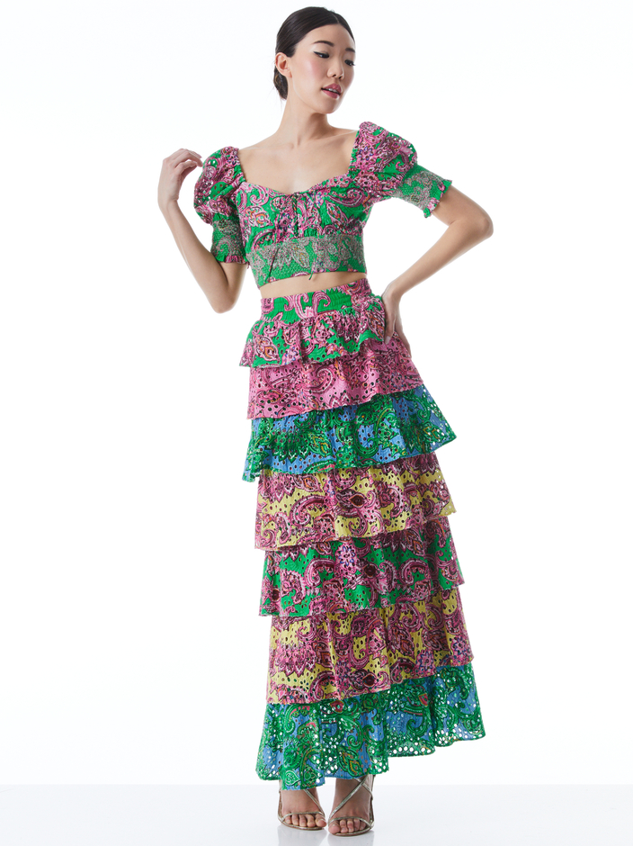 CRAWFORD LACE UP SMOCKED TOP + JIA TIERED RUFFLE SKIRT -