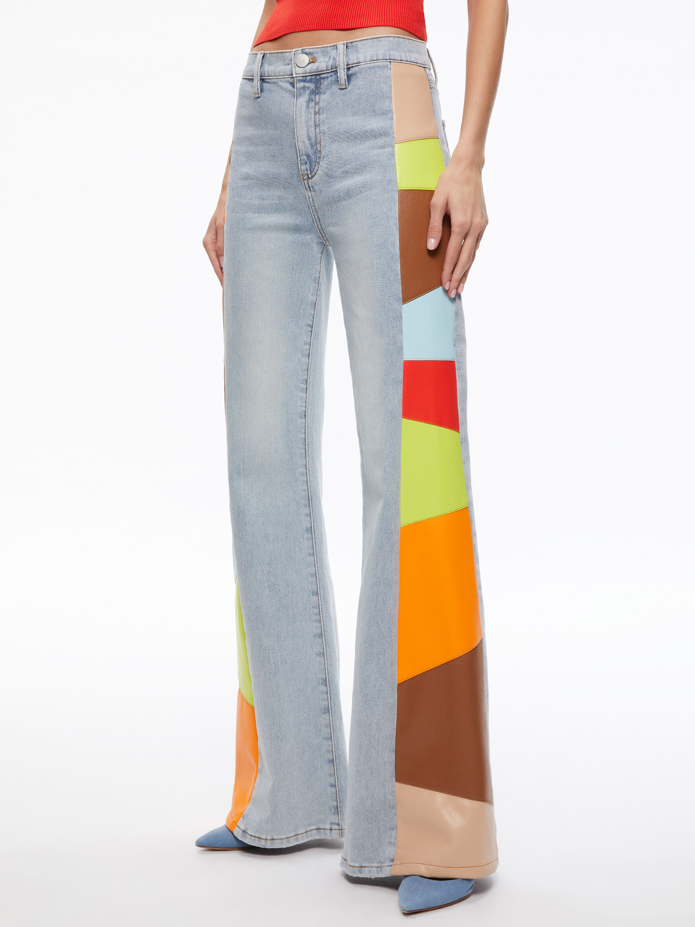 Beautiful Vegan Leather Patchwork Flare Jean In Rockstar Blue Multi Alice Olivia