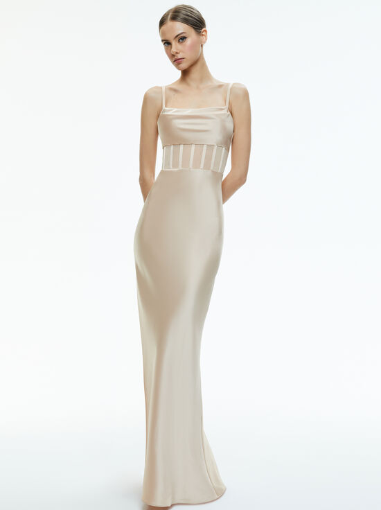 ALMOND-VALENTINA DRAPED CORSET MAXI DRESS