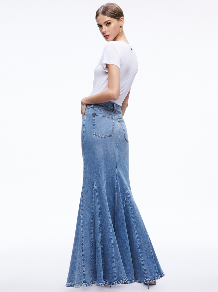 NALA DENIM GODET MAXI SKIRT - AVERY BLUE image 1 - Alice And Olivia