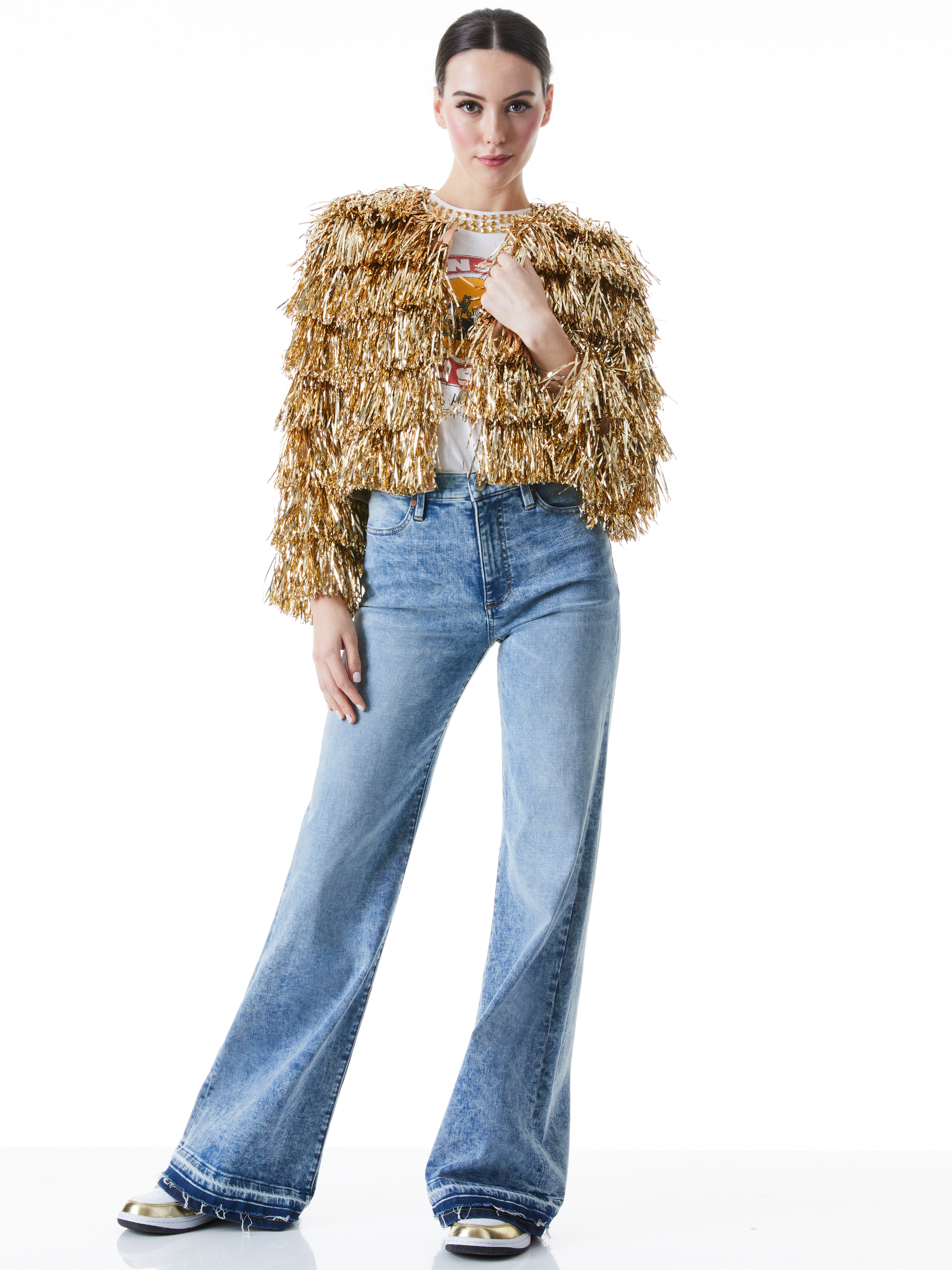 Fawn Fringe Tinsel Jacket In Gold Alice + Olivia
