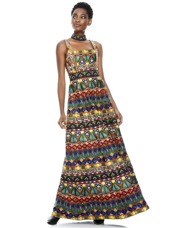 MARCIELA BEADED GOWN WITH CHOKER - BROWN MULTI image 5 - Alice And Olivia