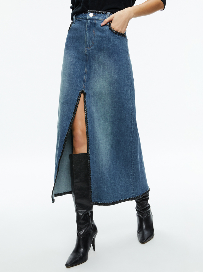 RYE DENIM MAXI SKIRT WITH VEGAN LEATHER - LOLA BLUE/BLACK - Alice And Olivia