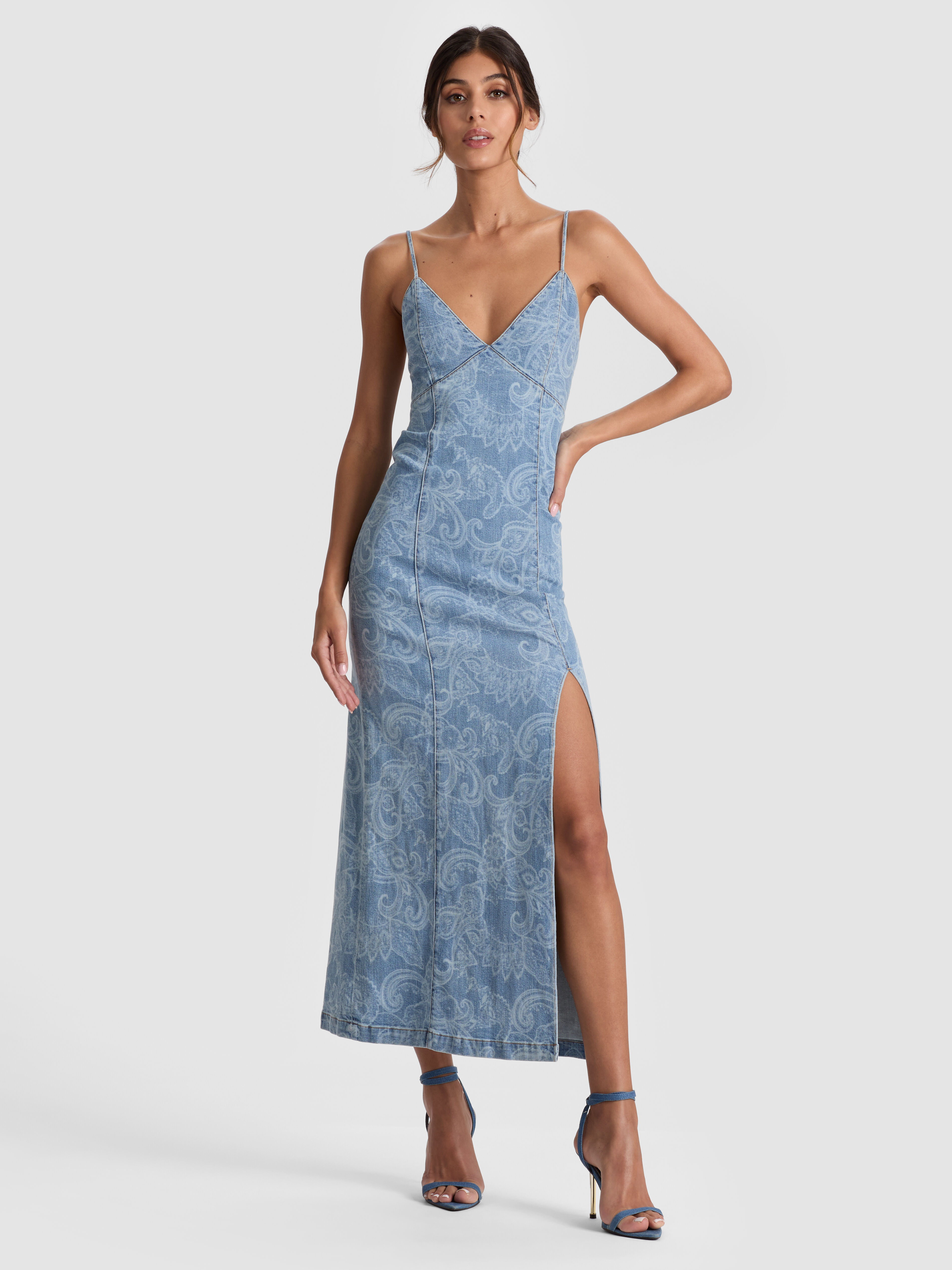 【Alice+Olivia】MILA デニム ツイストフロント Vネック ドレス 0400022661224_ROCKSTARBLUE?wid