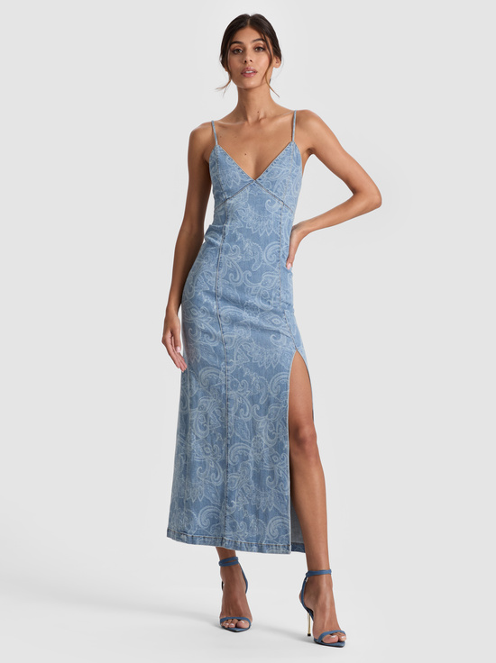 LASER PAISLEY-JULIETTA DENIM MIDI DRESS