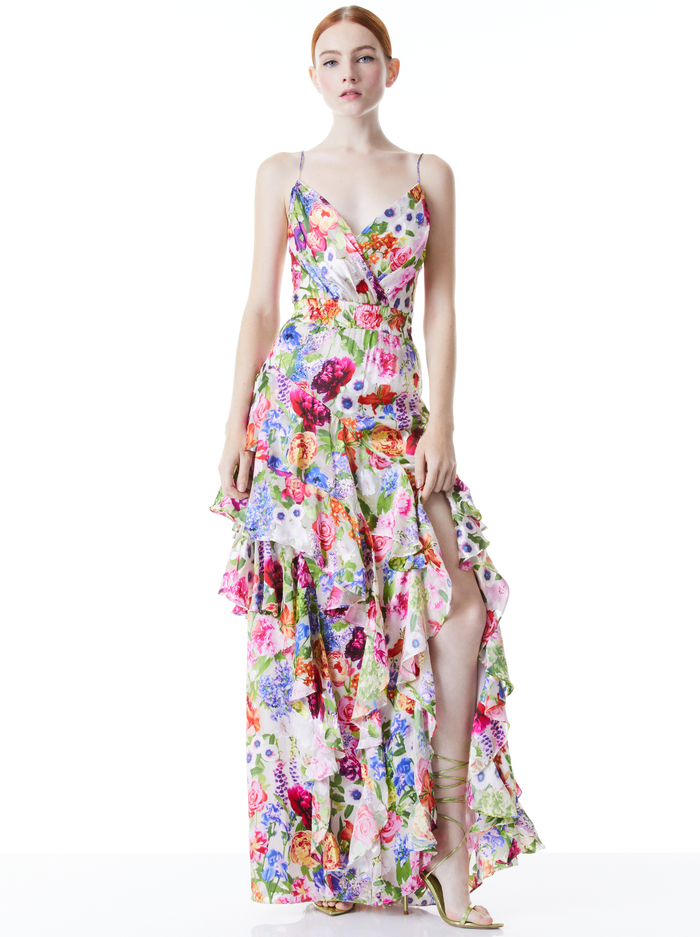 HAYDEN V-NECK FRONT RUFFLE DRESS - FLOWER SHOP - Alice And Olivia
