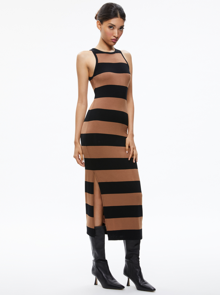 PANIA RACERBACK SIDE SLIT MAXI DRESS - CAMEL/BLACK STRIPE image 2 - Alice And Olivia