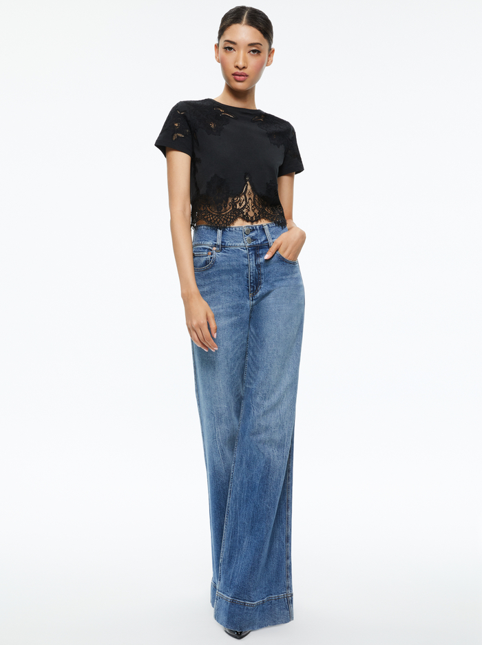 STEPHEN LACE DETAIL CROPPED TEE - BLACK image 4 - Alice And Olivia